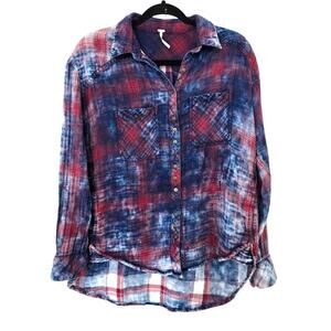 Free People Cotton Button Down Shirt XS Double Dip Plaid Boho Oversized Cotton